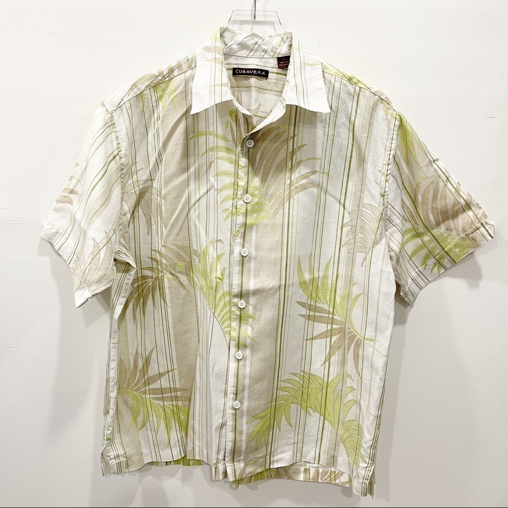 Cubavera Stripe Short Sleeve Shirt Button-Down Shirt Linen Palm Print Large
